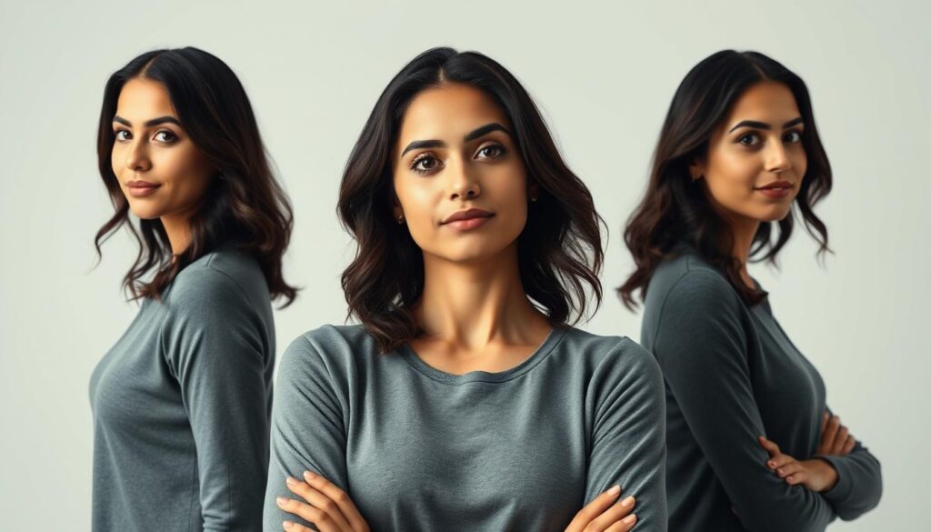 A confident individual stands in a well-lit studio, showcasing a range of emotive headshot poses. Soft, directional lighting accentuates the subject's features, creating a professional and polished appearance. The subject's gaze exudes self-assurance, conveying a sense of poise and readiness. The background is simple and uncluttered, allowing the focus to remain on the subject's facial expressions and body language. The composition emphasizes the subject's upper body, capturing a variety of head tilts, chin positions, and subtle gestures that communicate a strong, self-assured presence. The overall mood is one of calm, deliberate preparation, reflecting the mental focus required for a successful headshot session.