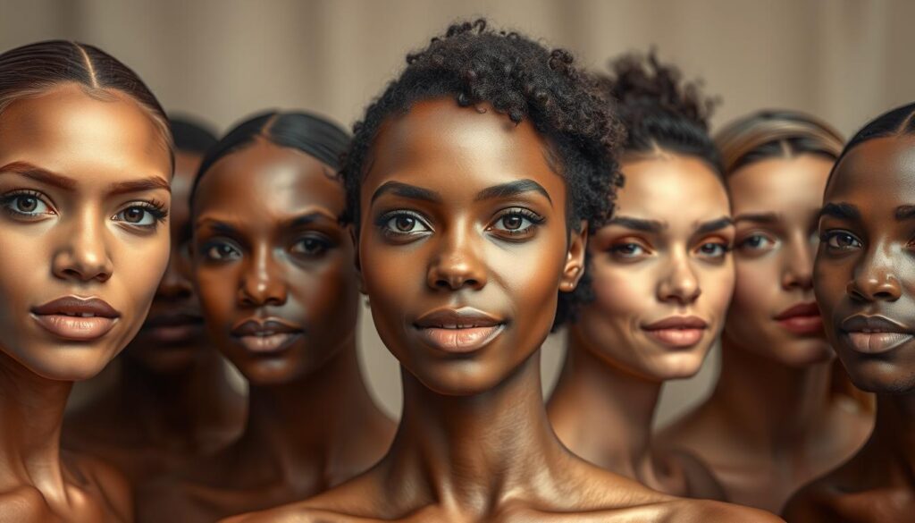 A detailed close-up of diverse human skin undertones in a flattering, well-lit studio setting. The foreground features an array of skin tones ranging from fair to deep, displayed in a harmonious color palette. The middle ground showcases the subtle warm and cool hues, highlighting the unique character of each complexion. The background is a softly blurred, neutral backdrop that allows the skin tones to take center stage. Soft, diffused lighting from multiple angles creates a radiant, high-quality look, emphasizing the natural beauty and diversity of the subjects. The overall mood is elegant, inviting, and designed to showcase the most flattering aspects of the skin. A detailed close-up of diverse human skin undertones in a flattering, well-lit studio setting. The foreground features an array of skin tones ranging from fair to deep, displayed in a harmonious color palette. The middle ground showcases the subtle warm and cool hues, highlighting the unique character of each complexion. The background is a softly blurred, neutral backdrop that allows the skin tones to take center stage. Soft, diffused lighting from multiple angles creates a radiant, high-quality look, emphasizing the natural beauty and diversity of the subjects. The overall mood is elegant, inviting, and designed to showcase the most flattering aspects of the skin.