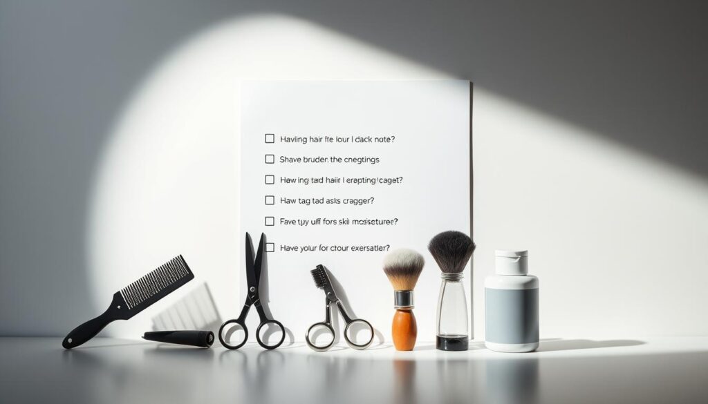 A minimalist, high-contrast checklist for professional grooming on a clean, modern background. In the foreground, a lineup of grooming essentials like a comb, scissors, shaving brush, and moisturizer, rendered in a muted color palette. The middle ground features a simple checklist with concise, bulleted tips for hair, skin, and attire. Bright, directional lighting casts dramatic shadows, emphasizing the precision and importance of this pre-shoot ritual. The overall mood is focused, disciplined, and ready for the camera.