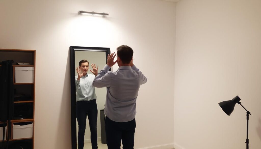 A neatly organized home studio with a full-length mirror set against a plain white wall. Soft, diffused lighting from above illuminates the scene, creating a calm and focused atmosphere. In the foreground, a person stands in front of the mirror, carefully examining their posture and gestures, adjusting their body position and expression to achieve an approachable and confident pose. The mirror reflects their movements, allowing them to study their form and make subtle refinements. The overall scene conveys a sense of dedication and practice, with the person fully engaged in the process of improving their professional presence.