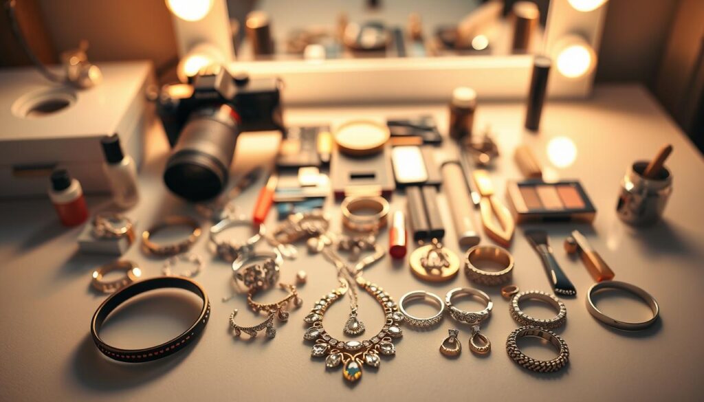 A pristine vanity table sits under soft, warm lighting, adorned with an assortment of jewelry, makeup, and grooming tools. In the foreground, a delicate necklace and earrings glimmer, ready to be carefully selected and placed. The middle ground showcases various bracelets, rings, and hair accessories, meticulously arranged. In the background, a high-quality camera and lens hint at the upcoming headshot session, creating a sense of anticipation and professionalism. The overall atmosphere is one of focused preparation, where every detail is considered to ensure the perfect headshot.