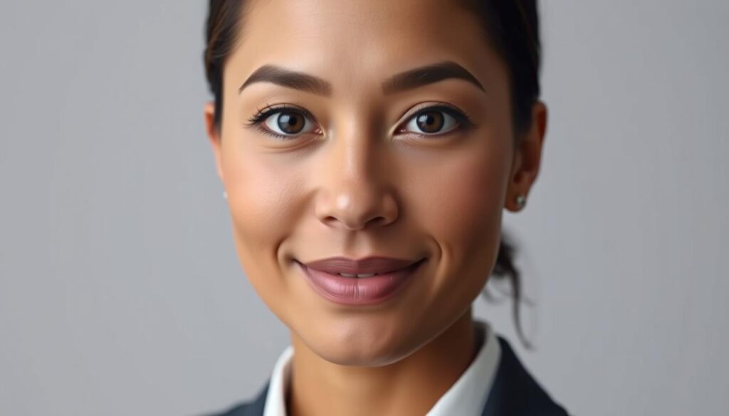 A professional headshot session for a resume or LinkedIn profile, with the subject's face cropped to the optimal proportions. Soft, even lighting illuminates the subject's features, creating a polished, confident expression. The frame is tightly composed, emphasizing the face and upper torso, capturing a clean, formal aesthetic. The background is a simple, neutral tone, keeping the focus on the subject. The lens is set to a moderate focal length, preserving natural proportions and avoiding distortion. Overall, the image conveys a poised, professional demeanor suitable for career-oriented personal branding.