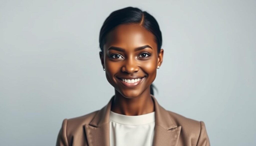 A professional-looking, well-lit headshot against a clean, minimalist background. The subject is centered, facing the camera with a friendly, confident expression. The lighting is soft and flattering, casting subtle shadows to add depth and dimension. The depth of field is slightly blurred, keeping the focus on the subject's face. The subject is dressed in a polished, neutral-toned outfit, conveying a sense of professionalism and poise. The overall aesthetic is sleek, modern, and tailored to make a strong impression on potential employers or recruiters.