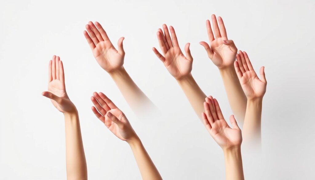 A skillful hand model demonstrating various hand poses against a plain white backdrop, captured with a sharp focus and soft, flattering lighting. The model's hands are elegantly positioned in a range of professional, confident gestures - from open and relaxed to subtly expressive. Attention is drawn to the delicate details of the fingers, knuckles, and palms, showcasing proper hand placement techniques for an approachable, self-assured appearance. The overall mood is polished, instructional, and visually engaging, inviting the viewer to study the hand posing examples.