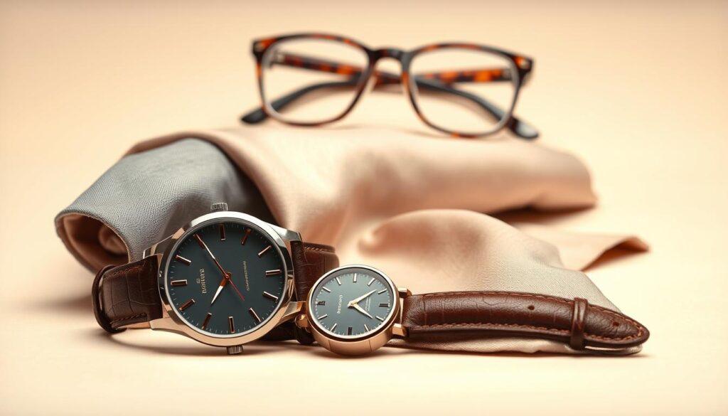 A stylish arrangement of professional headshot accessories, meticulously captured against a soft, neutral background. In the foreground, a high-quality analog wristwatch with a stainless steel casing and a sleek leather strap rests elegantly. Alongside it, a silk neckerchief in a muted, sophisticated color palette is draped, its delicate folds adding depth and texture. In the middle ground, a pair of modern, rectangular eyeglasses with a subtle, tortoiseshell frame stands out, conveying a sense of refined professionalism. The lighting is soft and diffused, creating a warm, inviting atmosphere that emphasizes the thoughtful selection of these accessories, all of which would complement a polished, headshot-ready appearance.