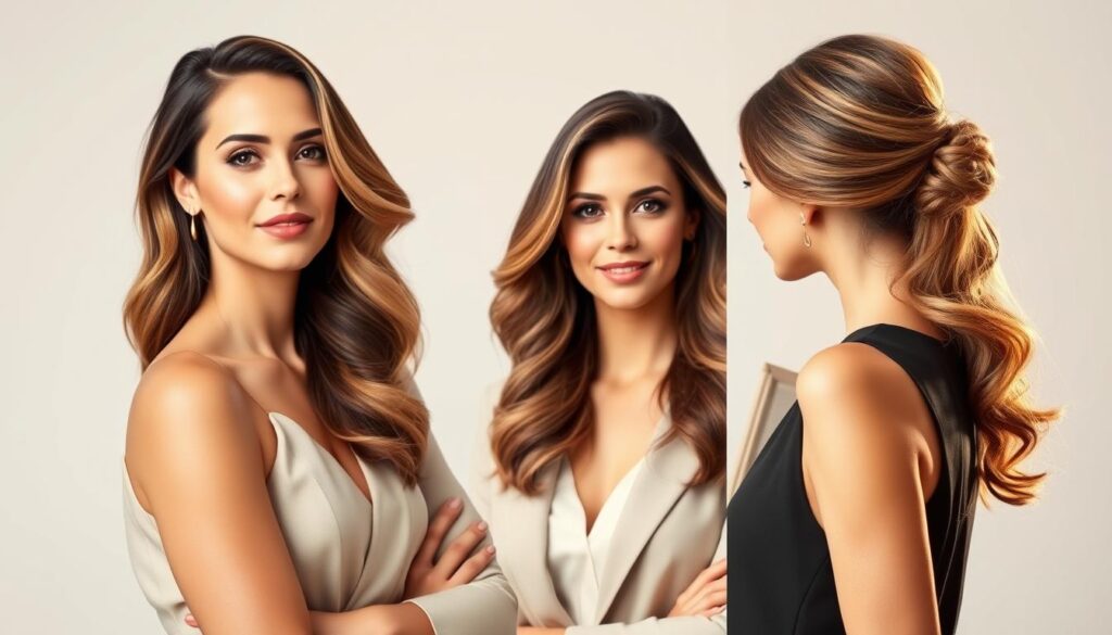 A stylish, professional woman stands confidently in a well-lit studio, showcasing various hairstyles suitable for a headshot. Her hair flows effortlessly, with soft waves cascading down her shoulders or pulled back into a sleek, sophisticated updo. The lighting creates a warm, flattering glow, accentuating the texture and movement of her hair. The background is a clean, neutral palette, allowing the focus to remain on the model's polished, executive-level appearance. The overall atmosphere conveys a sense of poise, confidence, and the ability to make a lasting impression. A stylish, professional woman stands confidently in a well-lit studio, showcasing various hairstyles suitable for a headshot. Her hair flows effortlessly, with soft waves cascading down her shoulders or pulled back into a sleek, sophisticated updo. The lighting creates a warm, flattering glow, accentuating the texture and movement of her hair. The background is a clean, neutral palette, allowing the focus to remain on the model's polished, executive-level appearance. The overall atmosphere conveys a sense of poise, confidence, and the ability to make a lasting impression.
