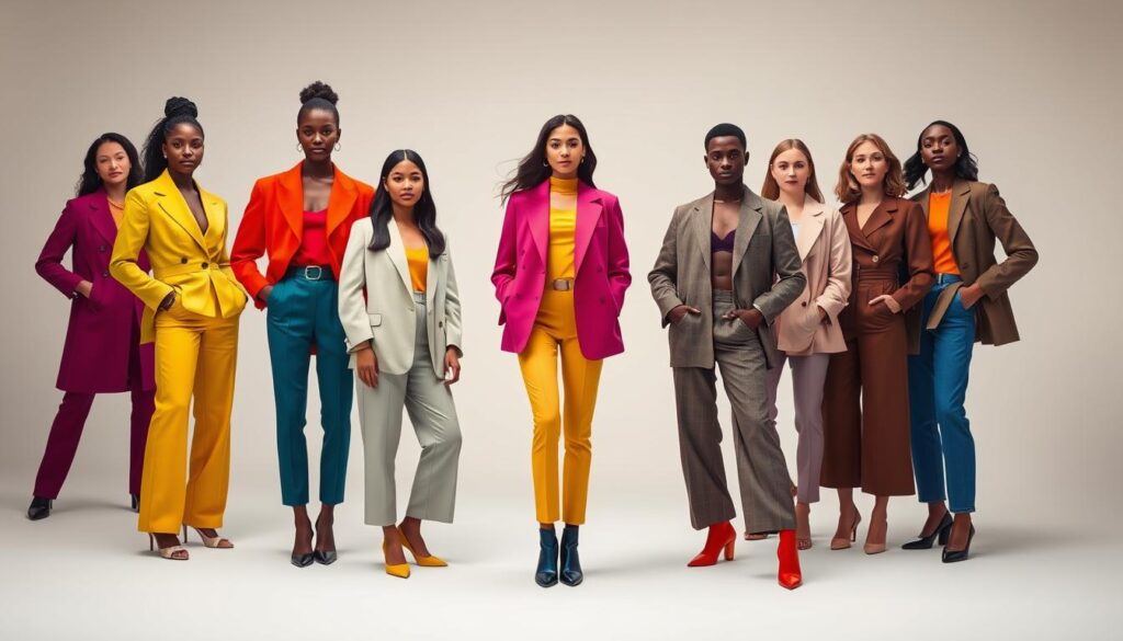 A stylized fashion editorial showcasing color psychology outfit examples. In the foreground, a diverse group of models pose confidently in vibrant, carefully coordinated outfits. Their expressions convey a sense of self-assurance and poise. The middle ground features a minimalist studio setting with soft, directional lighting that highlights the dynamic colors and textures of the clothing. The background is a clean, muted palette that allows the outfits to take center stage. The overall atmosphere is one of sophistication, creativity, and an understanding of how color choices can powerfully influence perceptions and boost personal branding. A stylized fashion editorial showcasing color psychology outfit examples. In the foreground, a diverse group of models pose confidently in vibrant, carefully coordinated outfits. Their expressions convey a sense of self-assurance and poise. The middle ground features a minimalist studio setting with soft, directional lighting that highlights the dynamic colors and textures of the clothing. The background is a clean, muted palette that allows the outfits to take center stage. The overall atmosphere is one of sophistication, creativity, and an understanding of how color choices can powerfully influence perceptions and boost personal branding.