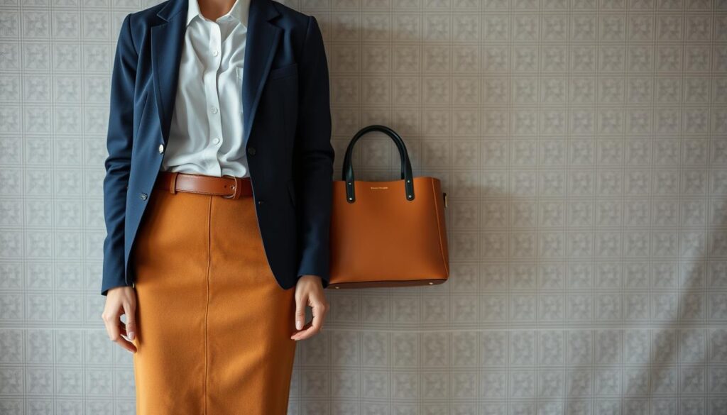 A timeless professional attire color palette, featuring a harmonious blend of elegant neutrals and sophisticated accents. In the foreground, a crisp white button-down shirt and a tailored navy blue blazer, paired with a mid-length pencil skirt in a rich camel hue. The middle ground showcases a structured leather tote in a warm cognac shade, complemented by a slim black leather belt and polished pumps. The background subtly showcases a muted gray windowpane check pattern, evoking a sense of refined minimalism. Soft, diffused lighting casts a gentle glow, creating a polished, camera-ready ambiance. This versatile color scheme embodies the perfect balance of classic and contemporary styles, suitable for the modern professional woman. A timeless professional attire color palette, featuring a harmonious blend of elegant neutrals and sophisticated accents. In the foreground, a crisp white button-down shirt and a tailored navy blue blazer, paired with a mid-length pencil skirt in a rich camel hue. The middle ground showcases a structured leather tote in a warm cognac shade, complemented by a slim black leather belt and polished pumps. The background subtly showcases a muted gray windowpane check pattern, evoking a sense of refined minimalism. Soft, diffused lighting casts a gentle glow, creating a polished, camera-ready ambiance. This versatile color scheme embodies the perfect balance of classic and contemporary styles, suitable for the modern professional woman.