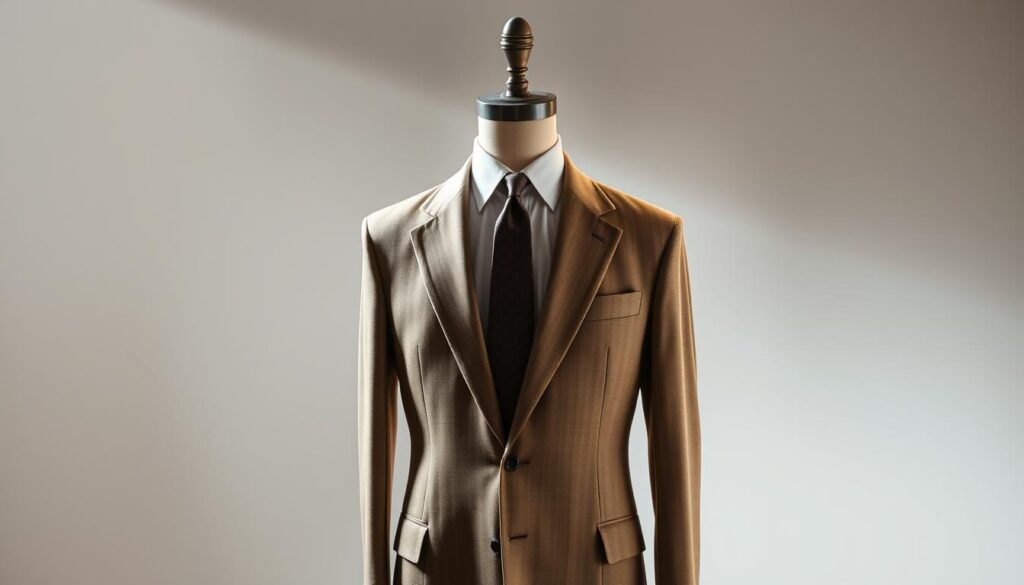 A well-lit studio setting with a professional dress form positioned centrally. The dress form features a neutral-colored, tailored suit with a crisp, collared shirt and a tasteful tie. The suit is perfectly fitted, showcasing the ideal proportions and silhouette. The lighting is soft and diffused, creating subtle shadows that highlight the contours of the outfit. The background is a clean, minimalist backdrop, allowing the focus to remain on the detailed, high-quality garment. The overall atmosphere is one of sophistication, attention to detail, and a sense of refined elegance, reflecting the "Fit & Comfort" theme of the article.