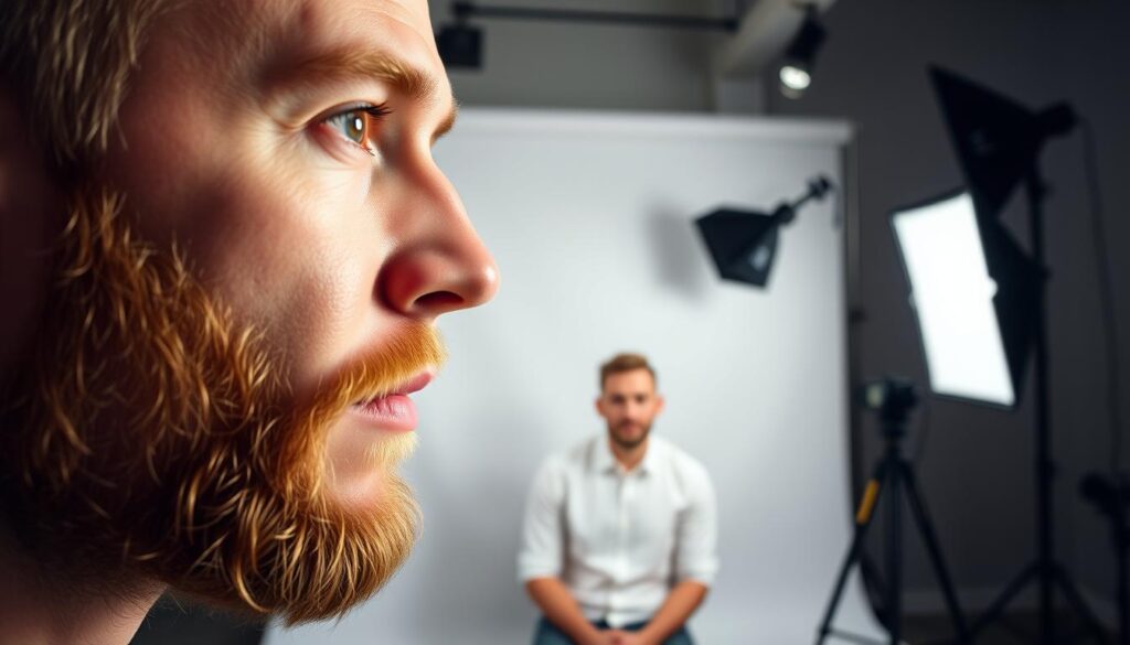 A well-lit studio with a professional headshot setup. In the foreground, a man's face is shown in close-up, showcasing a neatly trimmed and groomed beard. His skin is smooth and healthy-looking, with a slight glow from the studio lighting. In the middle ground, the man is seated in front of a plain backdrop, wearing a crisp white collared shirt. The lighting is soft and directional, creating subtle shadows that accentuate the contours of his face. In the background, the studio equipment is visible, including a camera on a tripod and softbox lighting. The overall atmosphere is one of precision, professionalism, and attention to detail, reflecting the "Beard, Shaving & Facial Hair Guide" section of the article.