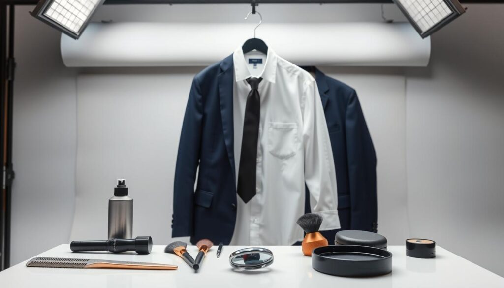 A well-lit studio with a seamless white backdrop. On a table in the foreground, an assortment of grooming tools and accessories are neatly arranged: a comb, hairspray, makeup brushes, and a compact mirror. In the middle ground, a crisp white dress shirt hangs on a suit hanger, complemented by a sleek black tie and a tailored navy blue suit jacket. The lighting is soft and flattering, creating subtle shadows and highlights that accentuate the textures and details of the items. The overall atmosphere conveys a sense of professionalism, attention to detail, and preparation for a powerful, confident headshot.