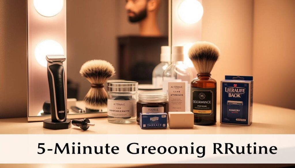 A well-lit vanity table with a high-quality mirror, displaying a carefully curated selection of grooming essentials: a sleek electric razor, a boar bristle brush, a jar of pomade, a bottle of aftershave, and a pack of disposable razor blades. The scene is bathed in soft, warm lighting, creating a cozy, focused atmosphere. The layout is visually balanced, with the items arranged in an inviting manner, suggesting a quick, efficient grooming routine. The overall impression is one of professional preparation and attention to detail, perfect for the "5-Minute Grooming Routine" section of the "30-Minute Prep: Get Ready Fast for Headshot Success" article.