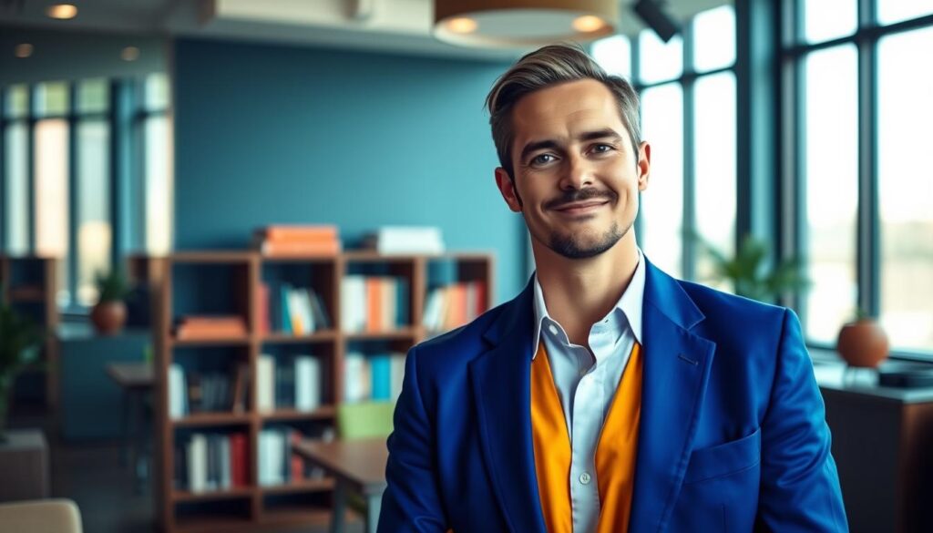 A professional headshot scene showcasing a confident businessperson standing in a vibrant color-coordinated wardrobe. The foreground features the individual dressed in a tailored blazer, embodying their brand values through carefully chosen colors like deep blue for trust and bright green for growth. The middle ground includes a softly blurred bookshelf lined with industry-related books, symbolizing knowledge and expertise. The background consists of an elegant office space with large windows allowing warm, natural light to flood in, creating an inviting atmosphere. The image captures a slight angle to emphasize the individual’s approachable demeanor. The overall mood conveys professionalism and authenticity, illustrating the importance of color harmony in personal branding. A professional headshot scene showcasing a confident businessperson standing in a vibrant color-coordinated wardrobe. The foreground features the individual dressed in a tailored blazer, embodying their brand values through carefully chosen colors like deep blue for trust and bright green for growth. The middle ground includes a softly blurred bookshelf lined with industry-related books, symbolizing knowledge and expertise. The background consists of an elegant office space with large windows allowing warm, natural light to flood in, creating an inviting atmosphere. The image captures a slight angle to emphasize the individual’s approachable demeanor. The overall mood conveys professionalism and authenticity, illustrating the importance of color harmony in personal branding.