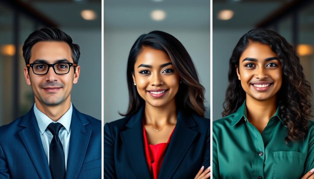 A series of three professional headshots showcasing diverse individuals in business attire against a soft gradient background. Each subject's outfit reflects distinct color psychology principles: a confident blue suit, an energetic red dress, and a calm green shirt. The foreground highlights the subjects, capturing their expressions of professionalism and approachability, with focused facial features illuminated by soft, diffused lighting to enhance their skin tones. The middle layer subtly includes their upper body and shoulders to frame the headshot, maintaining a clean and polished appearance. The background features a blurred office setting, creating a professional ambiance. The overall mood is sophisticated and inviting, emphasizing how color choices in wardrobe can influence perceptions in a professional environment. A series of three professional headshots showcasing diverse individuals in business attire against a soft gradient background. Each subject's outfit reflects distinct color psychology principles: a confident blue suit, an energetic red dress, and a calm green shirt. The foreground highlights the subjects, capturing their expressions of professionalism and approachability, with focused facial features illuminated by soft, diffused lighting to enhance their skin tones. The middle layer subtly includes their upper body and shoulders to frame the headshot, maintaining a clean and polished appearance. The background features a blurred office setting, creating a professional ambiance. The overall mood is sophisticated and inviting, emphasizing how color choices in wardrobe can influence perceptions in a professional environment.