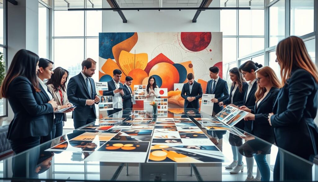 A visually striking scene depicting visual storytelling branding in a modern office space. In the foreground, a group of diverse professionals dressed in smart business attire collaborate around a sleek glass table, examining vibrant mood boards filled with images, colors, and textures that represent their brand identity. The middle ground features a large, artistic backdrop showcasing the brand's essence through a captivating mural, incorporating abstract shapes and warm colors that evoke creativity and inspiration. In the background, soft natural light streams through large windows, highlighting the contemporary architecture and creating an inviting atmosphere. The overall mood is dynamic and collaborative, emphasizing innovation and the power of visual storytelling in branding strategies. The composition should have a professional lens perspective that captures the energy of teamwork and creativity without any text or distractions.