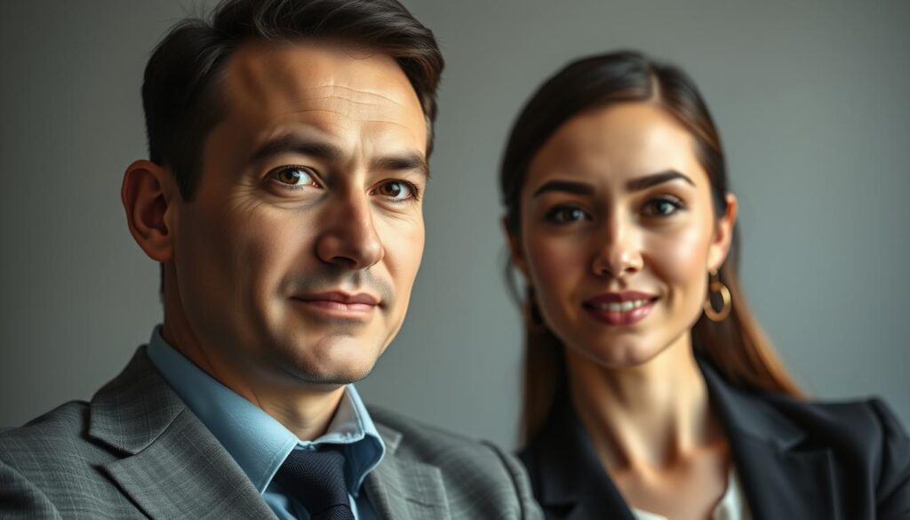 A close-up headshot of a professional man and woman, both dressed in smart business attire, positioned against a softly blurred background. The lighting is soft and diffused, strategically illuminating their faces while minimizing any shadows or glare. The scene captures the perfect balance between natural and artificial light, highlighting their features without harsh contrasts. Reflections in their eyes suggest a connection to the viewer, adding a warm, inviting atmosphere. The camera is positioned at eye level, utilizing a portrait lens to create depth while ensuring the focus remains on their expressions. The backdrop features muted colors that complement the subjects, reinforcing a modern and professional aesthetic. The overall mood is confident and approachable, suitable for a professional setting. A close-up headshot of a professional man and woman, both dressed in smart business attire, positioned against a softly blurred background. The lighting is soft and diffused, strategically illuminating their faces while minimizing any shadows or glare. The scene captures the perfect balance between natural and artificial light, highlighting their features without harsh contrasts. Reflections in their eyes suggest a connection to the viewer, adding a warm, inviting atmosphere. The camera is positioned at eye level, utilizing a portrait lens to create depth while ensuring the focus remains on their expressions. The backdrop features muted colors that complement the subjects, reinforcing a modern and professional aesthetic. The overall mood is confident and approachable, suitable for a professional setting.