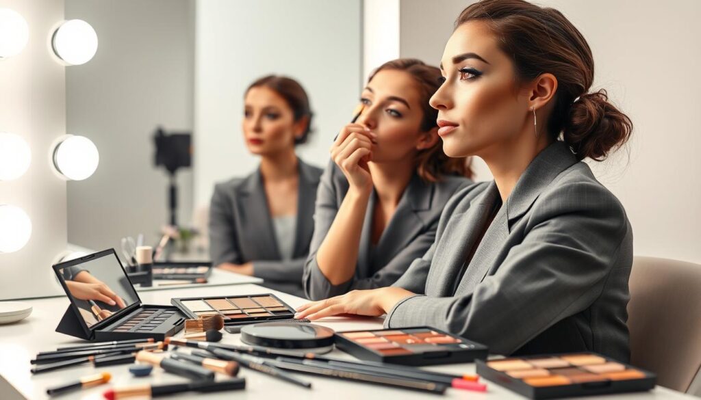 A close-up of a professional makeup artist applying eye makeup techniques on a model in a well-lit studio. The model, dressed in smart casual attire, sits facing a large mirror, showcasing an elegant and polished look. The foreground includes a detailed view of diverse eye makeup tools such as brushes, palettes, and applicators spread on a clean vanity surface. In the middle, the artist delicately applies eyeshadow, accentuating the model's best features with precise strokes, while the model gazes slightly upward, emphasizing the eye area. The background features soft, diffused lighting that creates a warm, inviting atmosphere, perfect for a professional setting. The focus is on clarity and texture, capturing the intricate details of the makeup application.