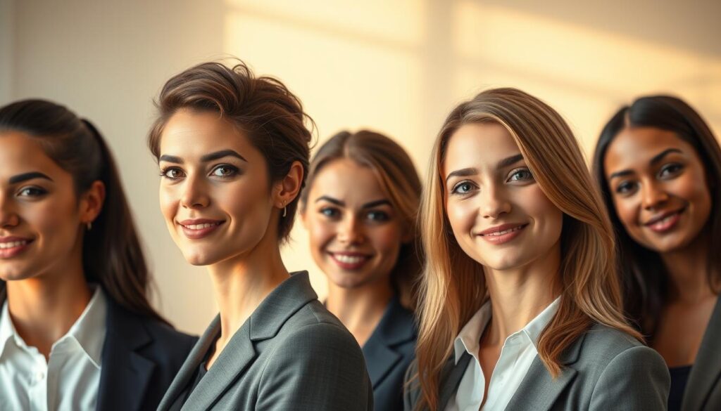 A collection of flattering headshot poses showcasing a diverse range of professional individuals, each dressed in smart business attire. The foreground features three models with various skin tones and hairstyles, angled slightly to their left to highlight their jawlines and cheekbones, with warm, soft lighting enhancing their features. The middle of the image includes subtle variations in expressions, from confident smiles to approachable looks, emphasizing warmth and professionalism. The background is softly blurred with a gradient of light, creating an inviting and polished atmosphere. The overall composition captures the essence of modern professional headshots, focusing on the most flattering angles and lighting techniques that highlight the subject’s best attributes. A collection of flattering headshot poses showcasing a diverse range of professional individuals, each dressed in smart business attire. The foreground features three models with various skin tones and hairstyles, angled slightly to their left to highlight their jawlines and cheekbones, with warm, soft lighting enhancing their features. The middle of the image includes subtle variations in expressions, from confident smiles to approachable looks, emphasizing warmth and professionalism. The background is softly blurred with a gradient of light, creating an inviting and polished atmosphere. The overall composition captures the essence of modern professional headshots, focusing on the most flattering angles and lighting techniques that highlight the subject’s best attributes.