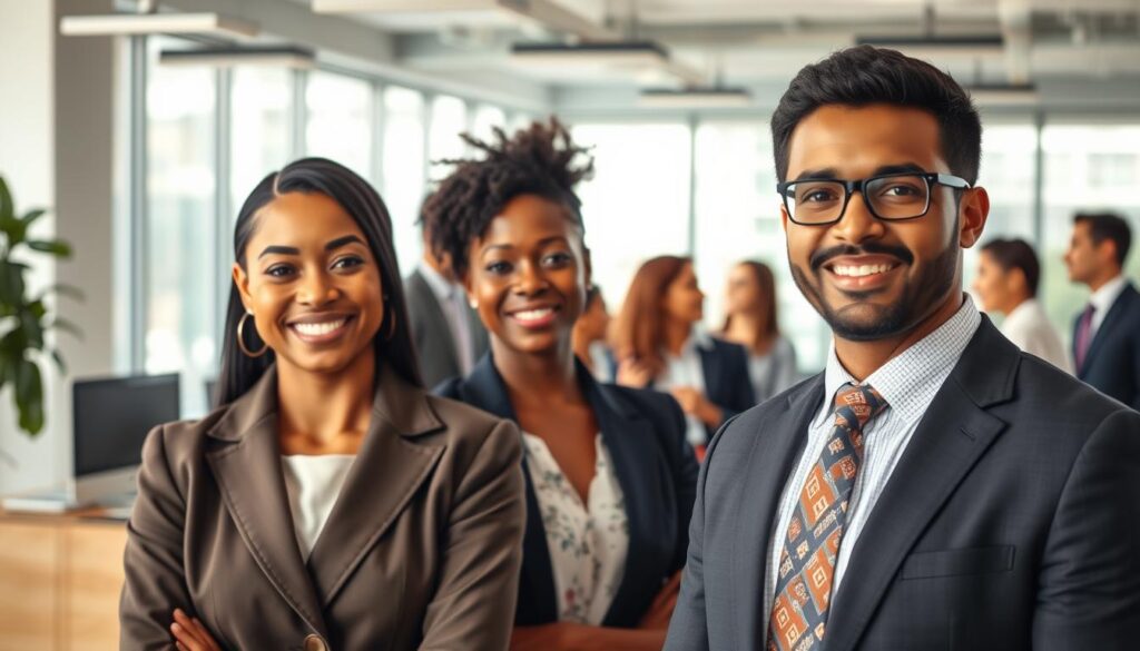 A contemporary office setting featuring diverse professionals posing for updated headshots, emphasizing current trends in career advancement. The foreground showcases two individuals: one Black woman in a tailored blazer, confidently smiling, and one Hispanic man wearing a patterned tie, looking approachable. In the middle, a group of coworkers of different ethnicities are engaged in conversation, suggesting a collaborative environment. The background features a modern office space with large windows allowing natural light to flood in, creating a bright and inviting atmosphere. The lighting is soft yet professional, highlighting the subjects’ features. A shallow depth of field enhances focus on the individuals while blurring the office surroundings. The overall mood conveys professionalism, confidence, and a forward-thinking approach to career development.