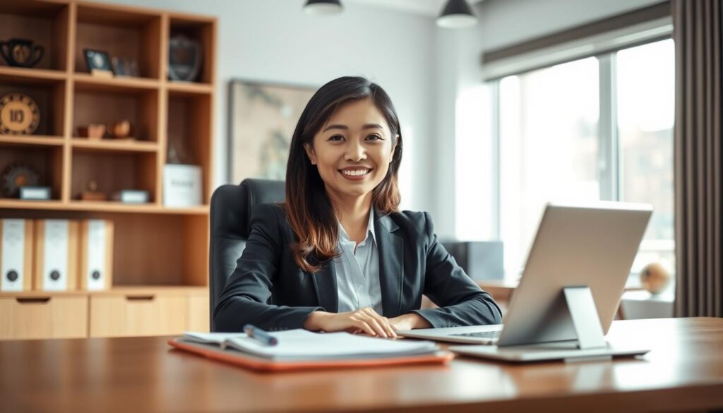 A professional headshot featuring a confident individual in business attire, seated in a well-lit modern office environment. The foreground showcases the subject, a mid-30s Asian woman with a friendly smile and well-groomed hair, looking directly at the camera. In the middle, a sleek wooden desk with a few personal items creates a relatable ambiance, while soft natural light from a nearby window enhances the warmth of the scene. The background includes blurred shelves with professional books and awards, further emphasizing a successful career. The image is captured with a shallow depth of field, using a 50mm lens at eye level to create a polished, approachable look. The overall mood is inviting and professional, perfect for showcasing the importance of a headshot update.