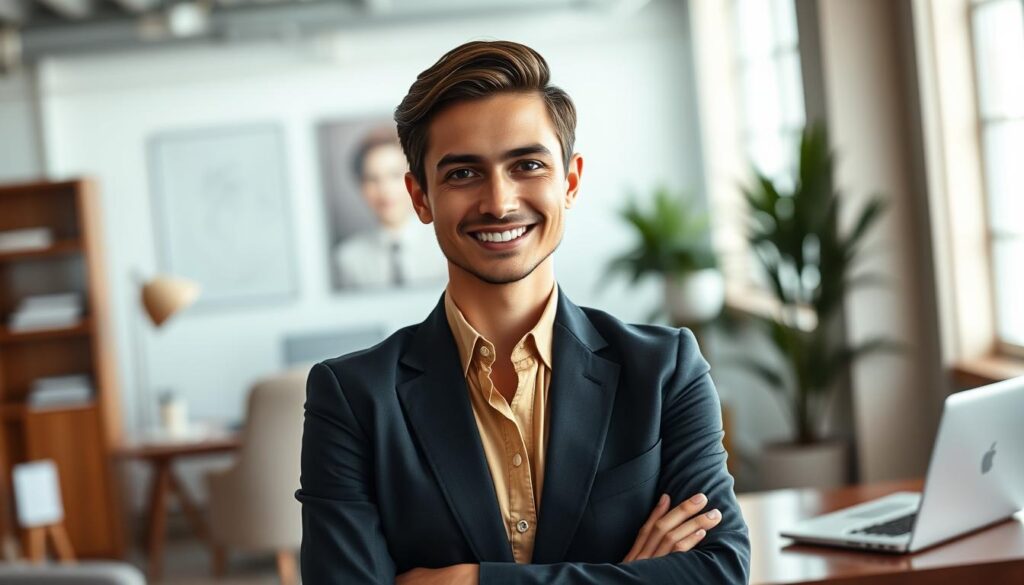 A professional headshot of a confident individual in business attire, framed from the waist up. The subject stands against a softly blurred office background, featuring subtle hints of their brand colors in the decor. On one side, a tasteful prop, such as a sleek laptop or a stylish pen, rests on a polished desk, symbolizing creativity and professionalism. Warm, natural lighting highlights the subject's face, creating a friendly and approachable expression. A slight tilt of the camera captures a dynamic angle, enhancing the personality of the headshot. The overall mood is inspiring and confident, aiming to convey a strong brand message through strategic use of color and props, inviting engagement without distractions from the primary focus of the subject. A professional headshot of a confident individual in business attire, framed from the waist up. The subject stands against a softly blurred office background, featuring subtle hints of their brand colors in the decor. On one side, a tasteful prop, such as a sleek laptop or a stylish pen, rests on a polished desk, symbolizing creativity and professionalism. Warm, natural lighting highlights the subject's face, creating a friendly and approachable expression. A slight tilt of the camera captures a dynamic angle, enhancing the personality of the headshot. The overall mood is inspiring and confident, aiming to convey a strong brand message through strategic use of color and props, inviting engagement without distractions from the primary focus of the subject.