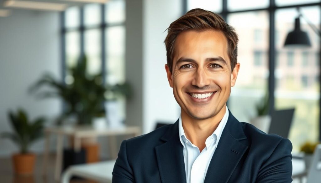 A professional headshot of a visual communication expert, featuring a confident individual in their mid-30s, wearing a tailored navy suit and a crisp white shirt. They have short, neatly styled hair and are smiling warmly, conveying approachability and professionalism. The foreground should focus on the individual's upper body, framed closely to highlight their facial expression. In the middle ground, include soft, out-of-focus office elements such as a modern desk and artfully arranged design tools, hinting at their creative profession. The background should be subtly blurred to suggest a bright, airy workspace with large windows allowing natural light to illuminate the subject. The mood is positive and inspiring, with even lighting and a slight soft focus effect to add warmth. A professional headshot of a visual communication expert, featuring a confident individual in their mid-30s, wearing a tailored navy suit and a crisp white shirt. They have short, neatly styled hair and are smiling warmly, conveying approachability and professionalism. The foreground should focus on the individual's upper body, framed closely to highlight their facial expression. In the middle ground, include soft, out-of-focus office elements such as a modern desk and artfully arranged design tools, hinting at their creative profession. The background should be subtly blurred to suggest a bright, airy workspace with large windows allowing natural light to illuminate the subject. The mood is positive and inspiring, with even lighting and a slight soft focus effect to add warmth.