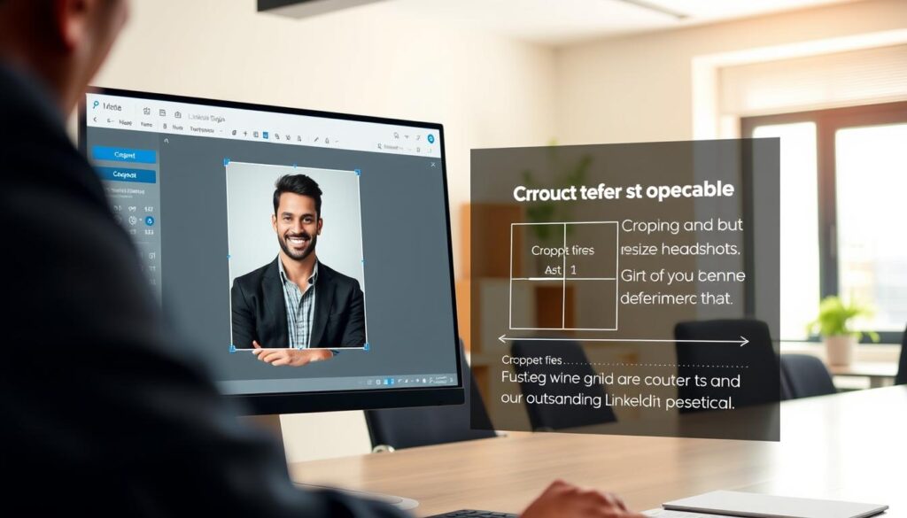A professional workspace featuring a cropped LinkedIn headshot as the central focus. The foreground showcases a computer screen displaying a photo editing tool with an image of a confident, diverse individual in professional attire—a blazer and shirt. The middle ground includes a semi-transparent overlay showing guidelines for cropping and resizing headshots effectively, with visual indicators like grid lines and suggested dimensions. In the background, a well-organized office setting with soft, natural lighting through a window creates a welcoming atmosphere. The angle emphasizes the screen, drawing attention to the cropping tips while maintaining a bright and inspirational mood, ideal for career advancement. The overall composition is clean and focused, enhancing the viewer's understanding of the cropping techniques for an outstanding LinkedIn presence. A professional workspace featuring a cropped LinkedIn headshot as the central focus. The foreground showcases a computer screen displaying a photo editing tool with an image of a confident, diverse individual in professional attire—a blazer and shirt. The middle ground includes a semi-transparent overlay showing guidelines for cropping and resizing headshots effectively, with visual indicators like grid lines and suggested dimensions. In the background, a well-organized office setting with soft, natural lighting through a window creates a welcoming atmosphere. The angle emphasizes the screen, drawing attention to the cropping tips while maintaining a bright and inspirational mood, ideal for career advancement. The overall composition is clean and focused, enhancing the viewer's understanding of the cropping techniques for an outstanding LinkedIn presence.