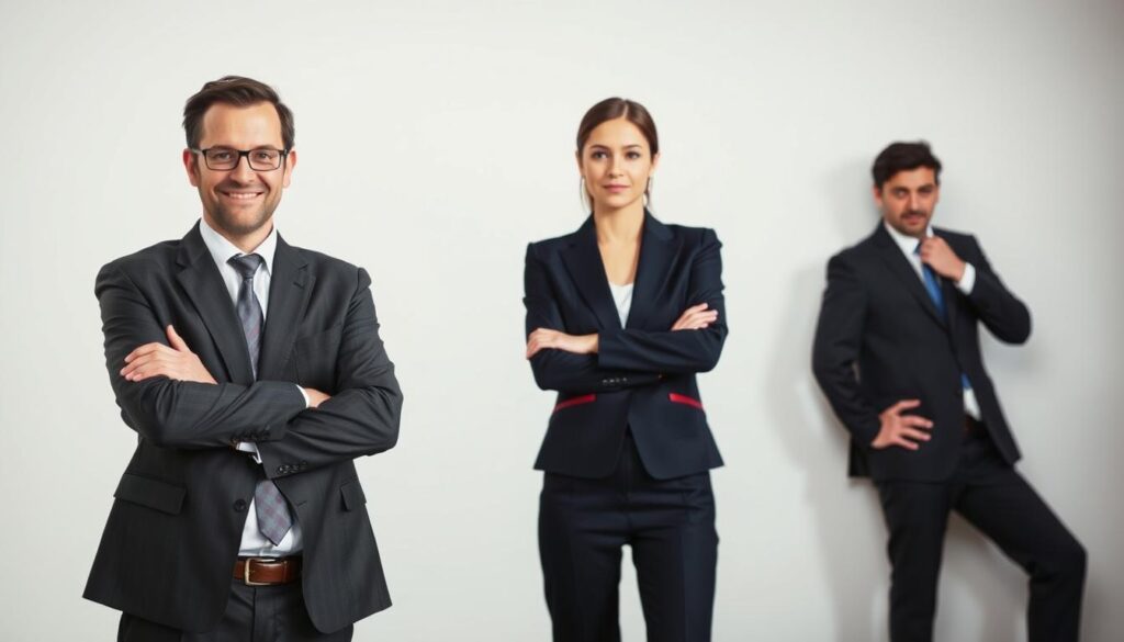 A series of three individuals in professional business attire, each demonstrating common posing mistakes for headshots. In the foreground, a man stands with crossed arms and a forced smile, appearing uneasy. In the middle, a woman tilts her head awkwardly, one hand on her hip, giving an impression of stiffness. In the background, another person poses too close to a wall, creating an awkward angle. The lighting is soft and diffuse, mimicking natural light, enhancing facial features without harsh shadows. The camera angle is slightly above eye level, providing a professional perspective. The mood is light but instructional, emphasizing the importance of relaxed and confident body language. A series of three individuals in professional business attire, each demonstrating common posing mistakes for headshots. In the foreground, a man stands with crossed arms and a forced smile, appearing uneasy. In the middle, a woman tilts her head awkwardly, one hand on her hip, giving an impression of stiffness. In the background, another person poses too close to a wall, creating an awkward angle. The lighting is soft and diffuse, mimicking natural light, enhancing facial features without harsh shadows. The camera angle is slightly above eye level, providing a professional perspective. The mood is light but instructional, emphasizing the importance of relaxed and confident body language.