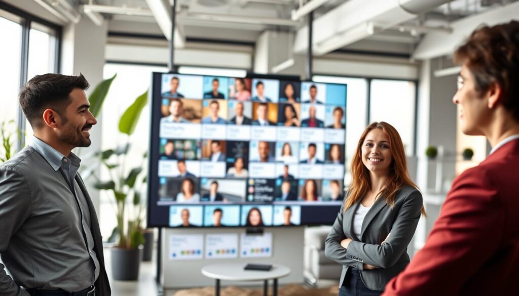 A sleek, modern workspace featuring an array of LinkedIn profile headshots highlighted on a digital display. In the foreground, three professional individuals dressed in business attire are engaged in conversation, showcasing diverse backgrounds and expressions of confidence. The middle layer includes a large screen with a grid layout of various LinkedIn profiles, some showcasing crisp headshots against neutral backgrounds, emphasizing professionalism. In the background, soft-focus elements of a stylish office environment with plants and contemporary furniture create a welcoming atmosphere. The lighting is bright and even, simulating natural daylight pouring in through large windows, enhancing the clarity of the faces. The mood is inspirational and dynamic, encouraging viewers to consider the impact of a polished headshot on professional networking. A sleek, modern workspace featuring an array of LinkedIn profile headshots highlighted on a digital display. In the foreground, three professional individuals dressed in business attire are engaged in conversation, showcasing diverse backgrounds and expressions of confidence. The middle layer includes a large screen with a grid layout of various LinkedIn profiles, some showcasing crisp headshots against neutral backgrounds, emphasizing professionalism. In the background, soft-focus elements of a stylish office environment with plants and contemporary furniture create a welcoming atmosphere. The lighting is bright and even, simulating natural daylight pouring in through large windows, enhancing the clarity of the faces. The mood is inspirational and dynamic, encouraging viewers to consider the impact of a polished headshot on professional networking.