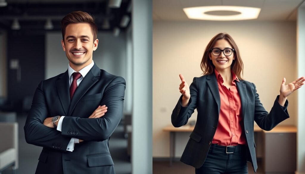 A split image showcasing "Classic vs. Creative Body Language Poses" for headshots. In the foreground, a well-dressed individual in a formal suit poses with a confident, traditional stance—arms crossed and a calm smile, conveying professionalism. On the opposite side, another person is dressed in smart casual attire, striking a dynamic, creative pose with an open posture and an engaging expression, suggesting approachability and creativity. The middle ground features soft, diffused lighting that highlights the contrasts between the two styles. In the background, a neutral office environment enhances the professionalism of the classic pose while maintaining an inspiring atmosphere for the creative side. The overall mood is one of balance between traditional and innovative, perfect for illustrating the duality in body language for effective headshots. A split image showcasing "Classic vs. Creative Body Language Poses" for headshots. In the foreground, a well-dressed individual in a formal suit poses with a confident, traditional stance—arms crossed and a calm smile, conveying professionalism. On the opposite side, another person is dressed in smart casual attire, striking a dynamic, creative pose with an open posture and an engaging expression, suggesting approachability and creativity. The middle ground features soft, diffused lighting that highlights the contrasts between the two styles. In the background, a neutral office environment enhances the professionalism of the classic pose while maintaining an inspiring atmosphere for the creative side. The overall mood is one of balance between traditional and innovative, perfect for illustrating the duality in body language for effective headshots.
