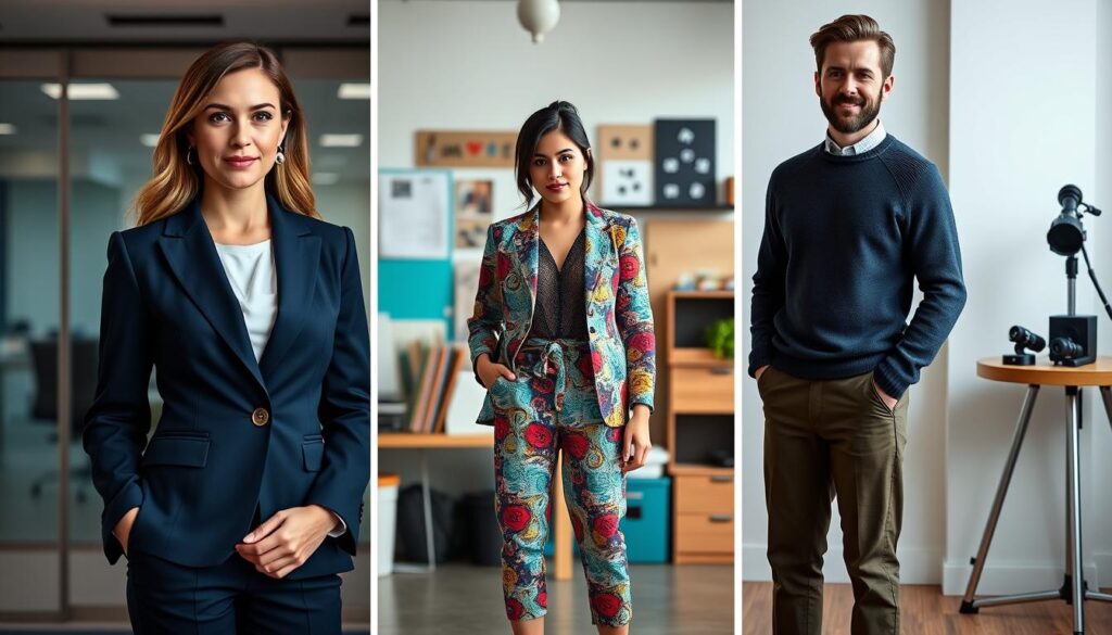 A split-screen composition showcasing industry-specific wardrobe styles for headshots. On the left, a corporate look featuring a professional woman in a tailored navy suit, standing confidently against a sleek office background with soft lighting. In the center, a creative style with a woman in a trendy, artistic outfit adorned with bright colors and unique patterns, set against a vibrant workspace filled with art supplies. On the right, a tech-inspired look with a man in smart-casual attire, wearing a fitted sweater and chinos, positioned in a modern, minimalist environment with tech gadgets. Use a warm, inviting lighting setup to create a professional yet approachable atmosphere. Capture the essence of each style with clear focus and dynamic angles, emphasizing the diverse dress codes relevant to each industry.