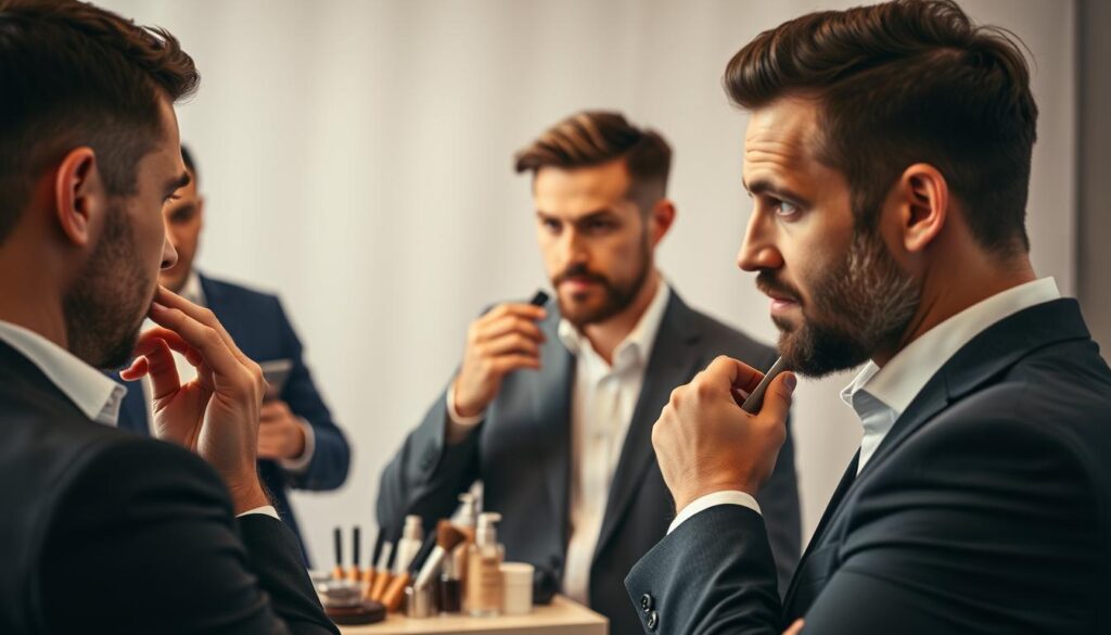 A stylish grooming session featuring professional men preparing for headshots. In the foreground, a diverse group of three men, ages ranging from 30 to 50, are engaged in grooming activities, such as applying moisturizer, adjusting their hair, and styling facial hair. Each man is dressed in neat, professional attire—tailored suits or dress shirts, exuding confidence. In the middle ground, an elegantly organized grooming station with quality grooming products—combs, brushes, and skincare items—adds an air of sophistication. The background shows a softly lit studio environment with a neutral color palette, creating a serene and focused atmosphere. Warm, diffused lighting enhances the subjects’ features, while a slightly blurred backdrop adds depth to the composition, emphasizing the grooming process.
