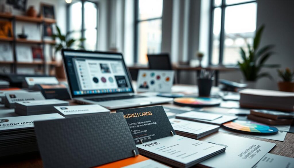 A stylish workspace filled with an array of diverse business cards, showcasing various design elements and tips. In the foreground, a close-up of a few business cards with unique layouts, textures, and color schemes, emphasizing professionalism and creativity. In the middle, a soft-focus laptop displaying design software with open templates and a color palette beside it, illustrating the design process. In the background, a bright, well-lit office environment with natural light filtering through a modern window, creating an inviting atmosphere. The mood is innovative and inspiring, encouraging creativity in business card design while maintaining a sense of professionalism. The scene should highlight the importance of visual appeal and clarity in creating memorable business cards. A stylish workspace filled with an array of diverse business cards, showcasing various design elements and tips. In the foreground, a close-up of a few business cards with unique layouts, textures, and color schemes, emphasizing professionalism and creativity. In the middle, a soft-focus laptop displaying design software with open templates and a color palette beside it, illustrating the design process. In the background, a bright, well-lit office environment with natural light filtering through a modern window, creating an inviting atmosphere. The mood is innovative and inspiring, encouraging creativity in business card design while maintaining a sense of professionalism. The scene should highlight the importance of visual appeal and clarity in creating memorable business cards.