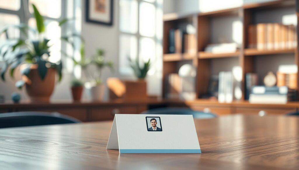 A well-composed scene showcasing a business card with a professional photo positioned for networking purposes. In the foreground, focus on a sleek, modern business card lying on a wooden desk with a sharp, framed headshot of a business professional in business attire, such as a suit and tie. The middle layers include a blurred background of an elegant office setting, featuring soft-focus plants and shelves with books, creating a warm and inviting atmosphere. Use natural sunlight streaming through a window to cast gentle shadows, emphasizing the textures and colors of the card and photo. Capture this from a slightly elevated angle, highlighting the photo's placement and the card’s edges for clarity and sophistication. The overall mood should be professional, inspiring, and conducive to networking. A well-composed scene showcasing a business card with a professional photo positioned for networking purposes. In the foreground, focus on a sleek, modern business card lying on a wooden desk with a sharp, framed headshot of a business professional in business attire, such as a suit and tie. The middle layers include a blurred background of an elegant office setting, featuring soft-focus plants and shelves with books, creating a warm and inviting atmosphere. Use natural sunlight streaming through a window to cast gentle shadows, emphasizing the textures and colors of the card and photo. Capture this from a slightly elevated angle, highlighting the photo's placement and the card’s edges for clarity and sophistication. The overall mood should be professional, inspiring, and conducive to networking.