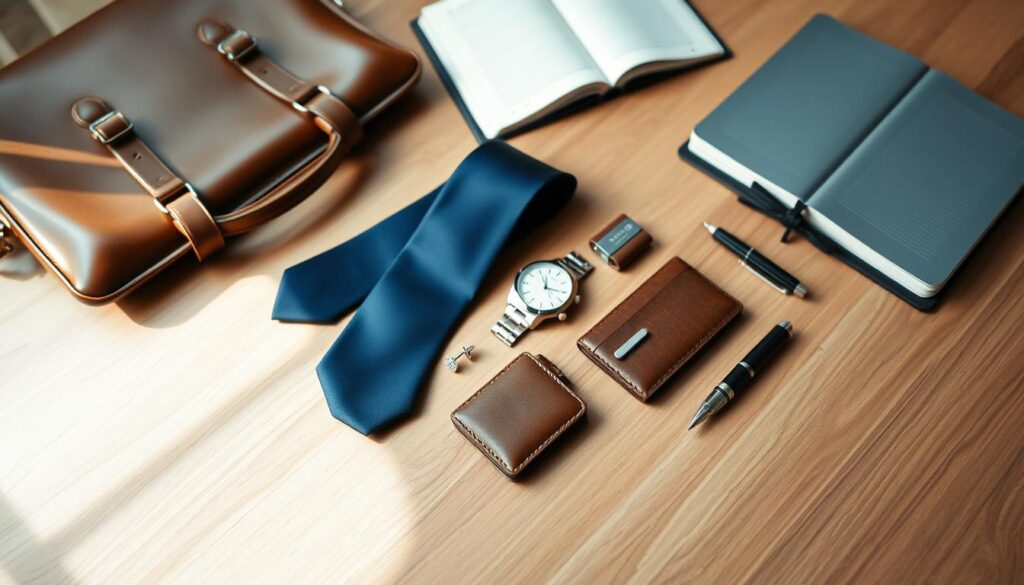 A well-organized flat lay of professional dress code accessories on a sleek wooden surface. In the foreground, showcase a polished leather briefcase, an elegant silk tie in deep navy, and a classic silver watch. The middle layer features a pair of stylish cufflinks, a sophisticated leather wallet, and a minimalist tie clip. In the background, softly blurred, display a neat stack of business cards and an open planner with a fountain pen nearby. Soft, natural light filters in from the left, casting gentle shadows, while a slight overhead angle captures the arrangement harmoniously. The mood is refined and professional, perfect for illustrating smart accessorizing choices in a business context.