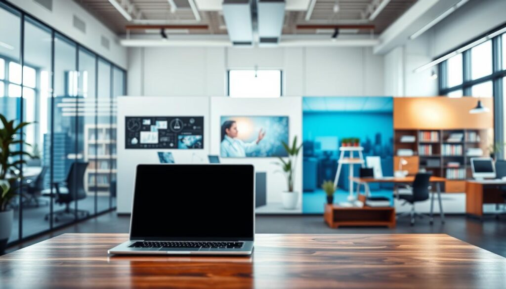 A collection of industry-specific backdrops for corporate branding. In the foreground, include a polished wooden desk with a sleek laptop and professional business attire blurred to imply a subject preparing for a headshot. The middle ground features distinct backdrops representing various sectors: a modern corporate office with glass panels for corporate branding, a tech-inspired workspace with digital screens showcasing innovative designs, a calming healthcare setting with soft blue walls and plants, a vibrant creative space filled with art supplies and bright colors, and a classic legal office with dark wood furniture and law books. The background should seamlessly blend these elements, creating an inspiring atmosphere with natural light streaming in. Use a soft-focus lens effect to enhance professionalism, aiming for an elegant and inviting mood. A collection of industry-specific backdrops for corporate branding. In the foreground, include a polished wooden desk with a sleek laptop and professional business attire blurred to imply a subject preparing for a headshot. The middle ground features distinct backdrops representing various sectors: a modern corporate office with glass panels for corporate branding, a tech-inspired workspace with digital screens showcasing innovative designs, a calming healthcare setting with soft blue walls and plants, a vibrant creative space filled with art supplies and bright colors, and a classic legal office with dark wood furniture and law books. The background should seamlessly blend these elements, creating an inspiring atmosphere with natural light streaming in. Use a soft-focus lens effect to enhance professionalism, aiming for an elegant and inviting mood.