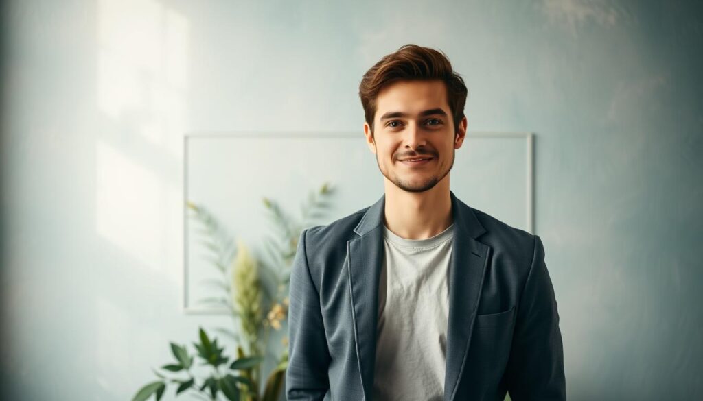A creative professional headshot backdrop featuring a textured wall with soft, muted colors in shades of teal and beige, creating a calm yet inspiring atmosphere. In the foreground, a person in smart casual attire, such as a fitted blazer over a plain shirt, stands slightly off-center, looking approachable and confident. The middle ground emphasizes natural elements, like subtle greenery or artistic decor, enhancing the creative vibe. The lighting is soft and diffused, simulating natural daylight, casting gentle shadows to highlight facial features. The camera angle is slightly elevated, capturing the subject's gaze and personality, while maintaining a balanced composition that conveys professionalism and creativity. The mood is warm and inviting, perfect for showcasing individuality in a creative context.