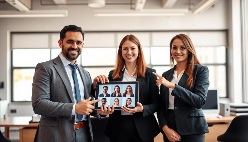 A modern, professional workspace with a well-organized desk as the background. In the foreground, a diverse group of three individuals, one male and two females, dressed in smart business attire, demonstrate key tips for selecting the right CV photo. They are engaged in a discussion, pointing to a digital tablet displaying exemplary CV photos. The lighting is bright and even, coming from large windows, highlighting their expressions and attire. The scene captures a collaborative and informative atmosphere, conveying a sense of professionalism and approachability. The composition is shot at eye level with a shallow depth of field, focusing on the individuals while softly blurring the desk and background items to emphasize the discussion. A modern, professional workspace with a well-organized desk as the background. In the foreground, a diverse group of three individuals, one male and two females, dressed in smart business attire, demonstrate key tips for selecting the right CV photo. They are engaged in a discussion, pointing to a digital tablet displaying exemplary CV photos. The lighting is bright and even, coming from large windows, highlighting their expressions and attire. The scene captures a collaborative and informative atmosphere, conveying a sense of professionalism and approachability. The composition is shot at eye level with a shallow depth of field, focusing on the individuals while softly blurring the desk and background items to emphasize the discussion.