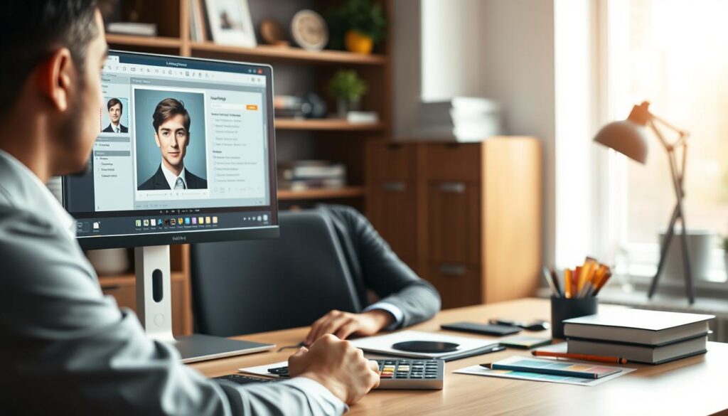 A polished professional workspace, focusing on a sleek computer monitor displaying advanced photo editing software. In the foreground, a focused individual in smart business attire adjusts filters and effects on a high-resolution headshot. The middle ground features a well-organized desk with photography tools and color palettes, illuminated by soft, natural light from a nearby window, creating an inviting atmosphere. The background includes blurred shelves with photography books and creative materials, enhancing the professional vibe. The mood is one of determination and creativity, capturing the essence of meticulous editing for a standout LinkedIn profile picture. The image should be sharp, with a focus on the subject's concentration and the vibrant colors of the editing software interface.