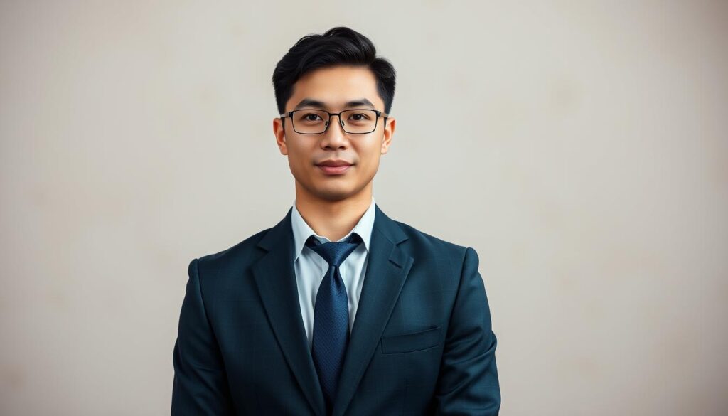 A professional CV photo setting featuring a well-dressed individual in formal business attire, such as a tailored suit and a crisp shirt. The subject stands against a softly blurred, neutral-colored backdrop that adds depth and focus to the person, emphasizing their professionalism. The lighting is soft and diffused, highlighting the subject's face without harsh shadows, creating an inviting atmosphere. The camera angle is straight-on, capturing the subject from the waist up, allowing for a proper view of both their attire and facial expression. The composition carefully frames the subject in a way that suggests a portrait suited for a CV, illustrating ideal sizing and cropping techniques. The overall mood is polished and confident, inspiring trust and competence. A professional CV photo setting featuring a well-dressed individual in formal business attire, such as a tailored suit and a crisp shirt. The subject stands against a softly blurred, neutral-colored backdrop that adds depth and focus to the person, emphasizing their professionalism. The lighting is soft and diffused, highlighting the subject's face without harsh shadows, creating an inviting atmosphere. The camera angle is straight-on, capturing the subject from the waist up, allowing for a proper view of both their attire and facial expression. The composition carefully frames the subject in a way that suggests a portrait suited for a CV, illustrating ideal sizing and cropping techniques. The overall mood is polished and confident, inspiring trust and competence.