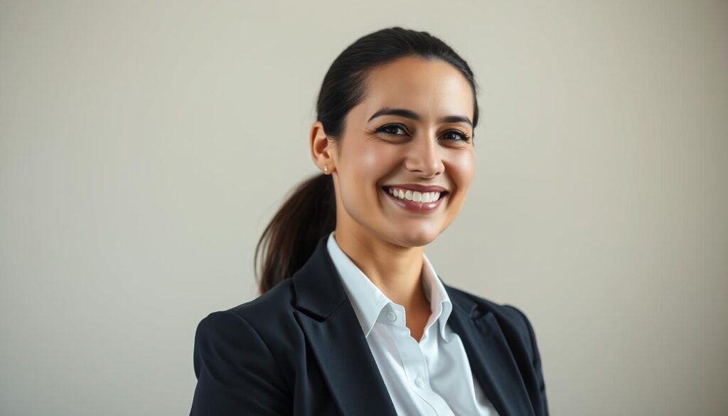 A professional headshot featuring a confident, smiling individual dressed in smart business attire, such as a tailored blazer and a crisp shirt, standing against a neutral, softly blurred background. The subject is facing slightly to the right, exuding approachability and professionalism. Natural, diffused lighting illuminates the face, highlighting a genuine expression with a warm, inviting smile. The camera angle is eye-level with a lens that captures a shallow depth of field, ensuring the subject stands out sharply against the soft backdrop. The overall mood is positive and motivational, conveying a sense of ambition and readiness for success, ideal for a LinkedIn profile.