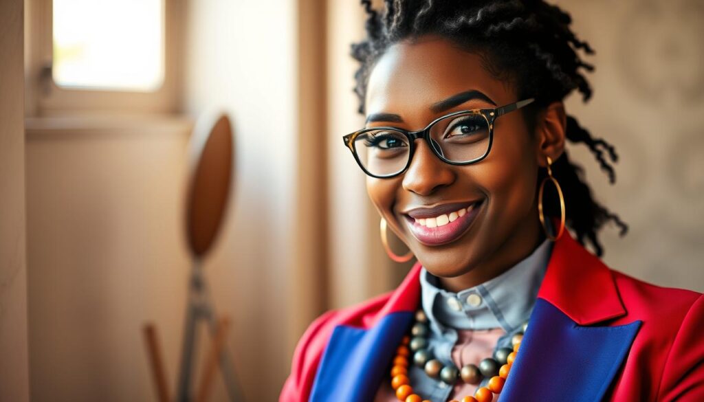 A professional headshot of a diverse individual exuding color confidence, showcasing a wardrobe featuring both bold and muted tones. In the foreground, focus on the person’s face, expressing confidence and approachability, wearing a tailored blazer in a vibrant color like royal blue or deep red, contrasted with a softly-colored shirt. The middle layer includes accessories that hint at personality but maintain professionalism. The background is softly blurred, featuring warm, calming tones like soft beige or light gray to enhance the subject. Natural light from a window highlights their features, creating depth and interest, while a shallow depth of field adds a touch of intimacy. The mood is empowering and inviting, emphasizing the impact of color choices on perception in professional settings. A professional headshot of a diverse individual exuding color confidence, showcasing a wardrobe featuring both bold and muted tones. In the foreground, focus on the person’s face, expressing confidence and approachability, wearing a tailored blazer in a vibrant color like royal blue or deep red, contrasted with a softly-colored shirt. The middle layer includes accessories that hint at personality but maintain professionalism. The background is softly blurred, featuring warm, calming tones like soft beige or light gray to enhance the subject. Natural light from a window highlights their features, creating depth and interest, while a shallow depth of field adds a touch of intimacy. The mood is empowering and inviting, emphasizing the impact of color choices on perception in professional settings.