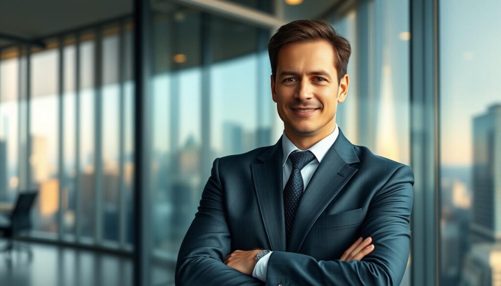 A professional headshot of an individual in a formal business suit, positioned in a sleek finance office with a large glass window showcasing a city skyline in the background. The individual is mid-30s, with a confident expression, exuding professionalism and approachability. Soft, diffused natural light from the window highlights their features, while a slight bokeh effect blurs the background, emphasizing the subject. The camera angle is slightly above eye level to convey authority. The atmosphere is energetic yet sophisticated, mirroring the dynamic nature of the finance industry. The pose is relaxed but confident, with arms crossed or one hand lightly touching the chin, suggesting engagement and thoughtfulness. No text or watermarks are present in the image.