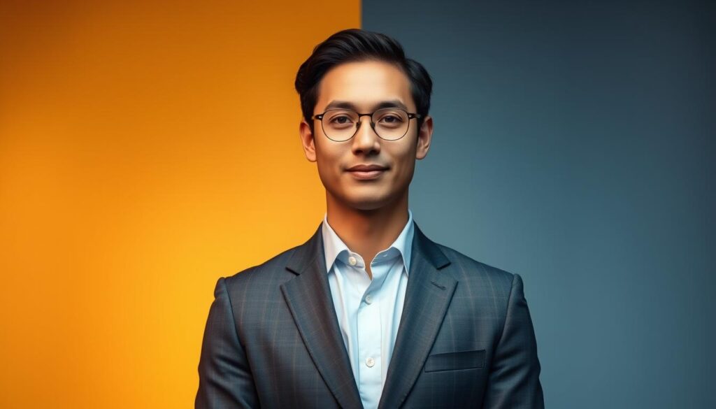 A professional headshot showcasing a split background featuring two contrasting color temperatures: the left side depicts a warm, sunlit backdrop in soft golden tones, exuding a welcoming and friendly atmosphere, while the right side features a cool, crisp backdrop in soft blue and gray hues that convey professionalism and calm. In the foreground, a confident individual dressed in a tailored business suit stands centered. The lighting is even and flattering, highlighting the subject's features with a soft focus effect. The angle of the shot is slightly elevated to emphasize the subject against both backdrops. The overall mood should reflect the duality of color temperature—inviting warmth on one side and serene professionalism on the other—perfectly capturing the essence of choosing the right headshot backdrop. A professional headshot showcasing a split background featuring two contrasting color temperatures: the left side depicts a warm, sunlit backdrop in soft golden tones, exuding a welcoming and friendly atmosphere, while the right side features a cool, crisp backdrop in soft blue and gray hues that convey professionalism and calm. In the foreground, a confident individual dressed in a tailored business suit stands centered. The lighting is even and flattering, highlighting the subject's features with a soft focus effect. The angle of the shot is slightly elevated to emphasize the subject against both backdrops. The overall mood should reflect the duality of color temperature—inviting warmth on one side and serene professionalism on the other—perfectly capturing the essence of choosing the right headshot backdrop.