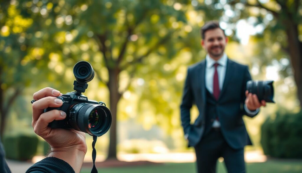 A professional photographer in a stylish outdoor setting, experimenting with various camera lenses. In the foreground, capture the photographer holding a camera with a different lens in each hand, examining how each affects bokeh in portrait shots. In the middle, showcase a model dressed in smart business attire, posing naturally, with blurred background elements featuring lush greenery and soft sunlight filtering through trees, creating ethereal bokeh effects. The background should hint at an outdoor studio setup with diffused light and harmonious colors, blending softness with vivid details. The overall mood is creative and focused, emphasizing the art of photography and depth of field choices.