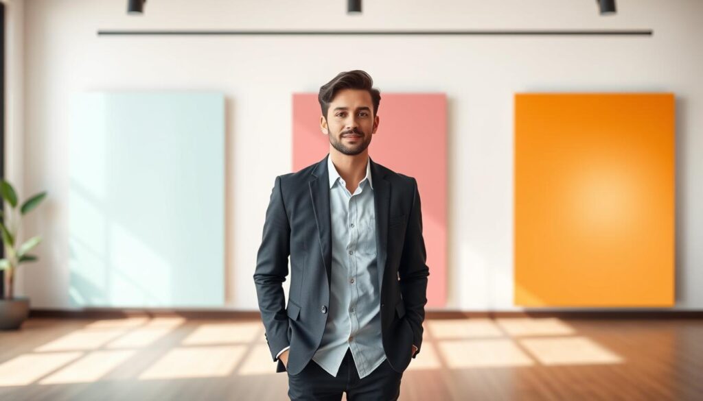 A professional setting showcasing three distinct background harmonies for personal branding: in the foreground, a well-dressed individual wearing a tailored blazer and a stylish shirt, standing confidently with a slight smile. In the middle ground, display three stylish sections: one featuring a solid color wall in a soothing hue, another with a soft gradient transitioning from one color to another, and the third showcasing a gentle color wash, blending subtle tones. The background should feature soft, diffused lighting to create a calm and inviting atmosphere, evoking professionalism and creativity. Use a slight depth of field to keep the focus on the individual and the background options while maintaining a vibrant yet cohesive color palette that reflects branding principles. A professional setting showcasing three distinct background harmonies for personal branding: in the foreground, a well-dressed individual wearing a tailored blazer and a stylish shirt, standing confidently with a slight smile. In the middle ground, display three stylish sections: one featuring a solid color wall in a soothing hue, another with a soft gradient transitioning from one color to another, and the third showcasing a gentle color wash, blending subtle tones. The background should feature soft, diffused lighting to create a calm and inviting atmosphere, evoking professionalism and creativity. Use a slight depth of field to keep the focus on the individual and the background options while maintaining a vibrant yet cohesive color palette that reflects branding principles.