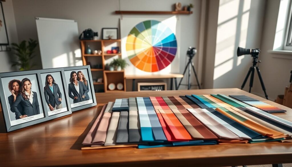 A serene, organized workspace featuring a diverse selection of headshot color palette swatches spread out on a wooden table. In the foreground, several professional photos displayed in frames show individuals of various ethnicities, wearing business attire in flattering colors that correspond to different skin tones and undertones. The middle ground showcases an array of fabric swatches in harmonious colors, neatly arranged by temperature—warm, cool, and neutral. Soft, natural light streams in from a window, casting gentle shadows that create a harmonious, inviting atmosphere. The background displays a large, artistic color wheel and a minimalistic shelf with photography equipment, emphasizing a creative yet professional vibe. The camera angle is slightly elevated, capturing the essence of an inspiring workspace for a headshot session preparation.