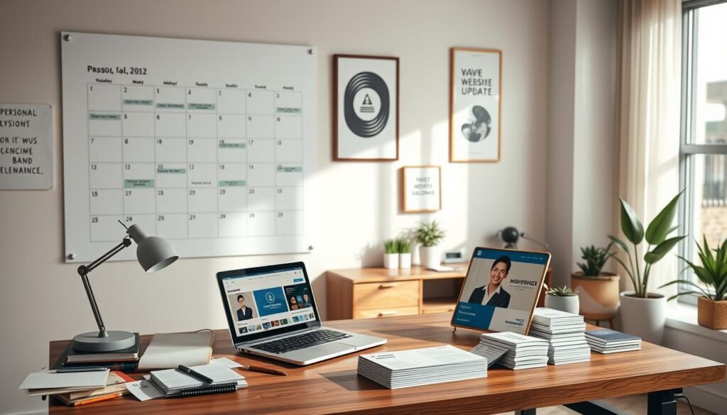 A sleek, modern workspace featuring a large digital calendar on the wall, displaying an organized schedule for personal brand updates. In the foreground, a wooden desk cluttered with stylish stationery, a laptop open to a website design, and a professional headshot framed next to a neatly arranged stack of business cards. The middle ground shows a LinkedIn banner template on the monitor, capturing a cohesive brand identity. Soft natural lighting from a nearby window illuminates the space, creating a warm and inviting atmosphere. The background reveals minimalist decor with motivational posters and indoor plants, enhancing the sense of professionalism. The overall mood conveys a sense of organization, clarity, and purpose in brand management.