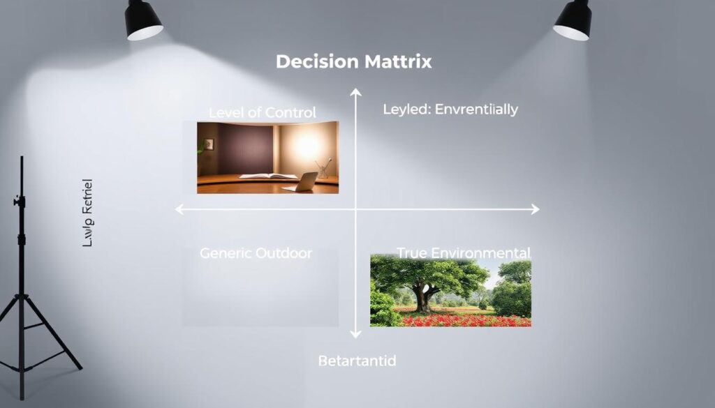 A structured 2x2 decision matrix prominently displayed, with a clean and professional design. The vertical axis is labeled "Level of Control" and the horizontal axis is labeled "Level of Authenticity Required." The quadrants are clearly demarcated: Top-Left quadrant titled "Studio" (High Control, Low Authenticity) featuring an image of a studio backdrop, Top-Right quadrant titled "Styled Environmental" (High Control, High Authenticity) showcasing a well-lit styled space, Bottom-Left quadrant titled "Generic Outdoor" (Low Control, Low Authenticity) depicting a bland outdoor scene, and Bottom-Right quadrant titled "True Environmental" (Low Control, High Authenticity) illustrating a vibrant natural setting. The matrix is visually engaging with balanced lighting and a professional color scheme, creating a thoughtful and analytical atmosphere suitable for business discussions. The image should be clear and devoid of any text, logos, or additional distractions.