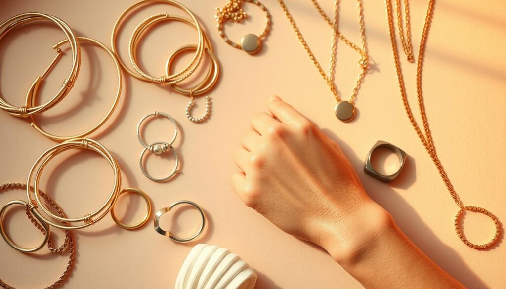 A stylish flat lay showcasing a variety of jewelry metals, focusing on gold, silver, rose gold, and gunmetal. In the foreground, elegantly arranged pieces of jewelry, like bracelets, rings, and necklaces, with a soft, reflective sheen. The middle ground features a hand with a neutral skin tone testing each metal against the skin, emphasizing different undertones. In the background, a subtle gradient of soft colors related to skin tones, creating an inviting atmosphere. The lighting is warm and soft, enhancing the textures of the metals while casting gentle shadows. The image captures a sophisticated and informative mood, emphasizing the importance of choosing the right accessories based on skin undertones.